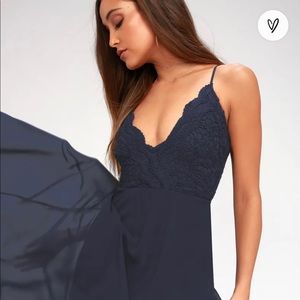 LULUS Madalyn Navy Blue Lace Maxi Dress S